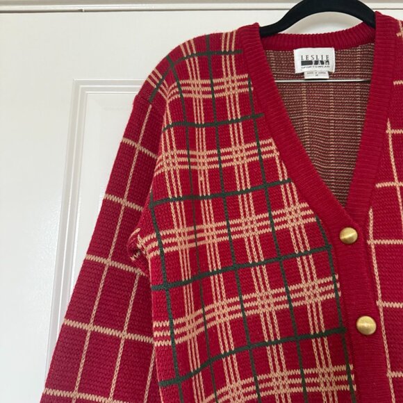 Vintage knit plaid Christmas holiday preppy gift cardigan red grandpa sweater - Picture 10 of 16